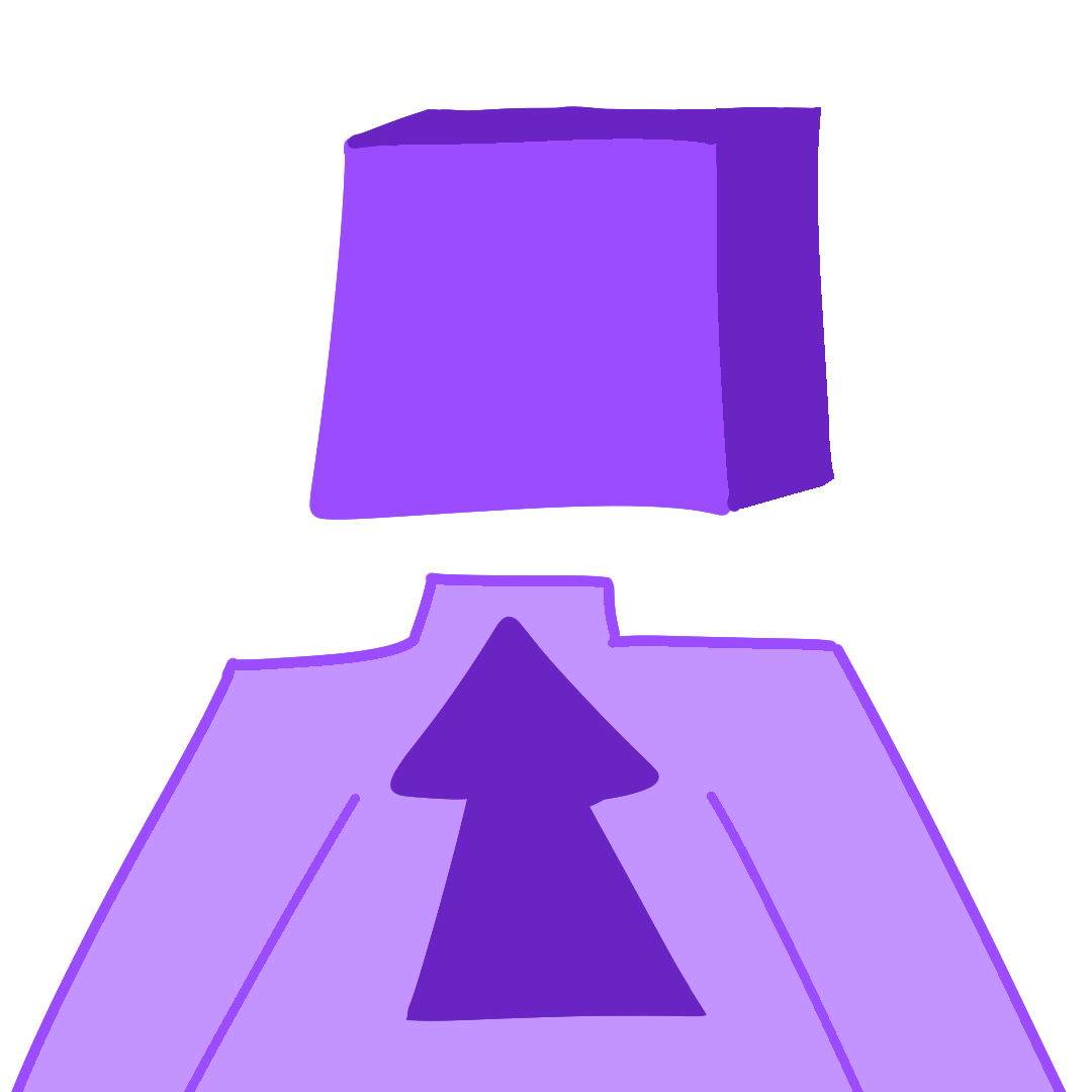 A purple figure with a cube head. An arrow points up at the head.